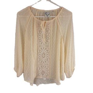 Janet Chung B louse MED Crochet 3/4 Sleeve Bow Sheer Fairy Peasant Elastic Cuff